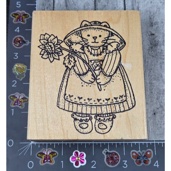 Azadi Earles Cat Holding Sunflower‎ Dress Rubber Stamp Wood #G2 - Picture 1 of 3